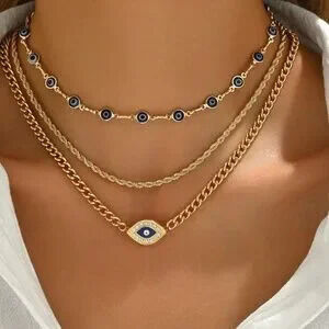 Boho Gold Tone Evil Eye Multichain Necklace